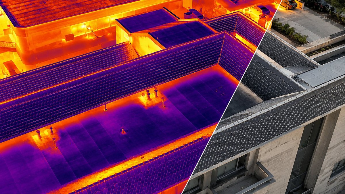 Termografie aeriană: același acoperiș în spectru termic și normal — inspecție ELY BASS