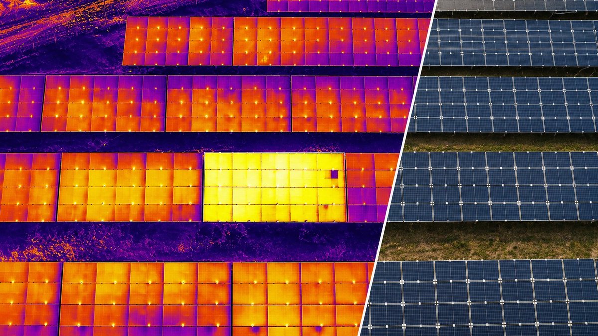 Inspecție termică parc fotovoltaic: panouri în spectru termic și normal, cu panou defect vizibil — ELY BASS