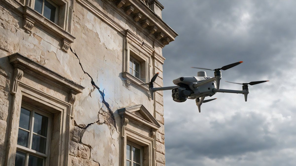 Dronă inspectând fisurile unei fațade istorice — evaluarea degradărilor, ELY BASS