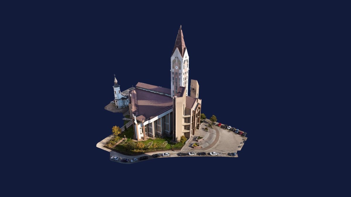 Model 3D exterior al ansamblului parohial, realizat prin fotogrammetrie din dronă